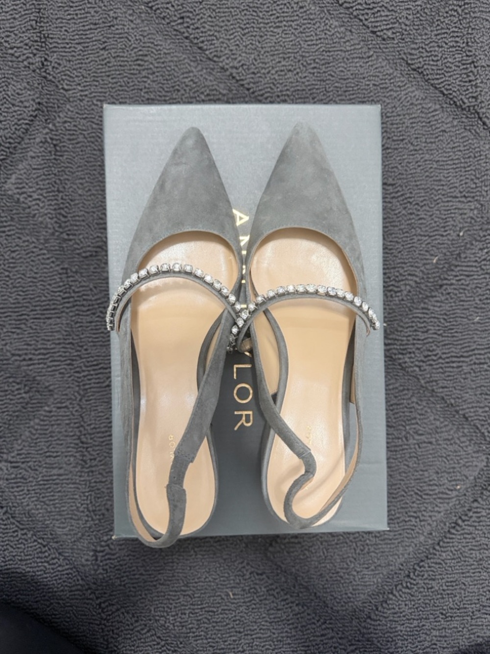 Ann Taylor Gray Suede Pointed Toe Slingback Heels with Crystal Strap